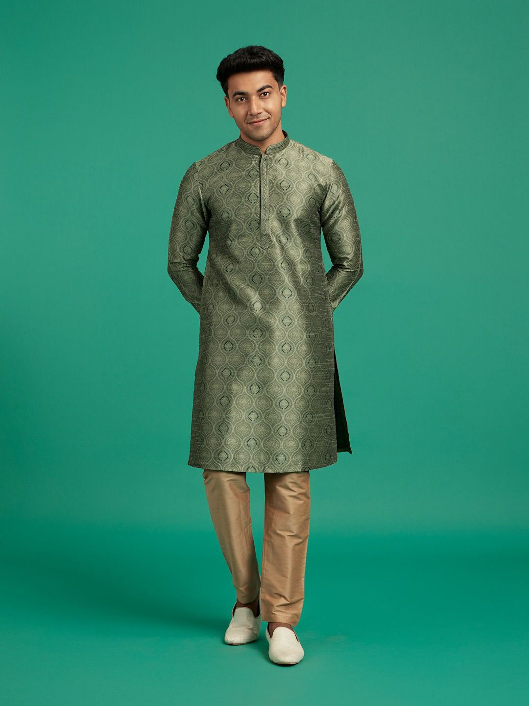 Diwas by Manyavar Woven Design Mandarin Collar Brocade Raw Silk Kurta