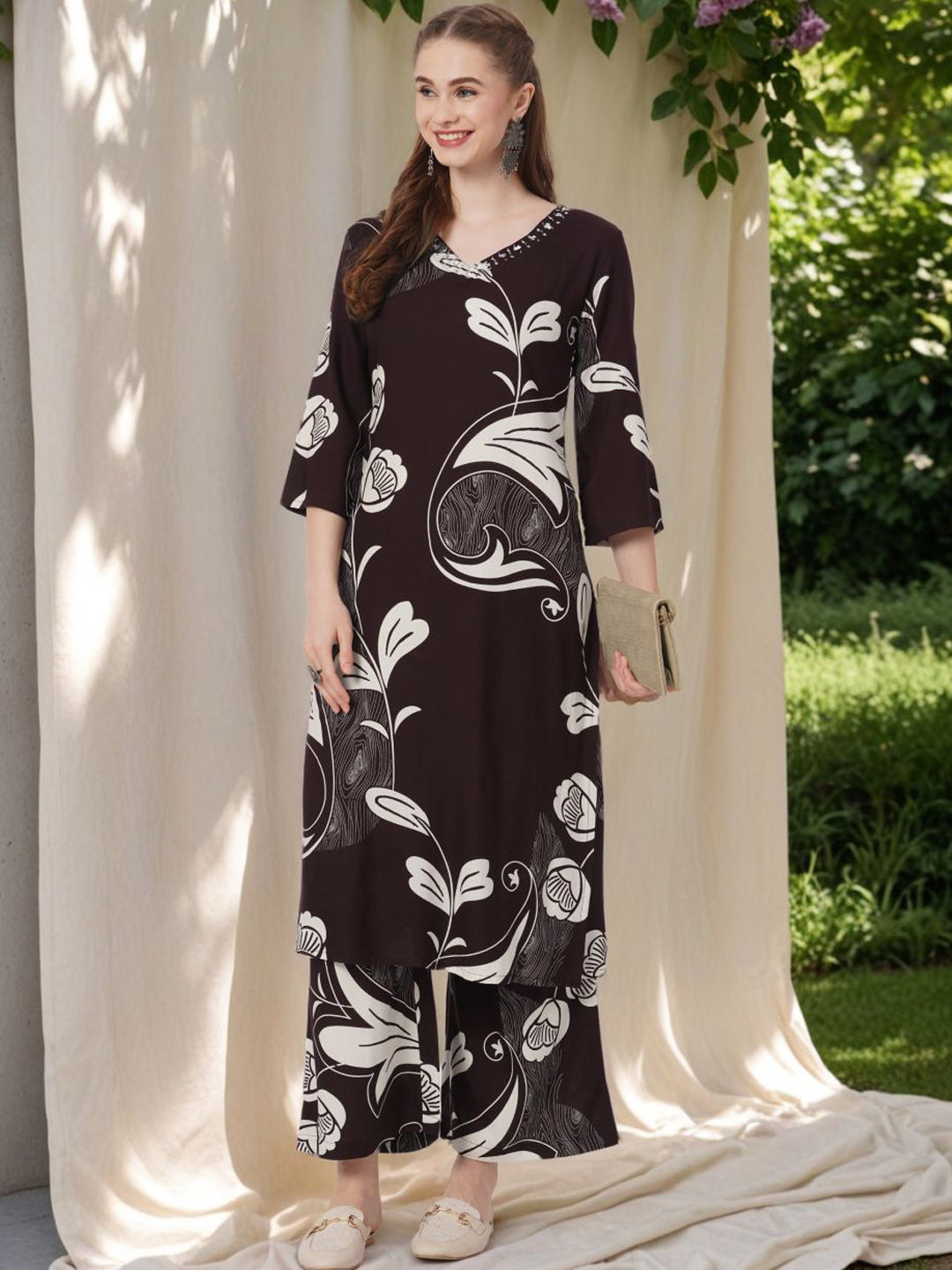 FASHOR Leaf Printed Straight Fit Tunic With Trousers Co-Ords