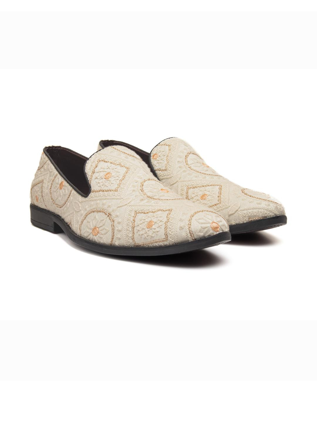 Bold Bunny Men's Beige Vegan Leather Self Embroidery Loafers