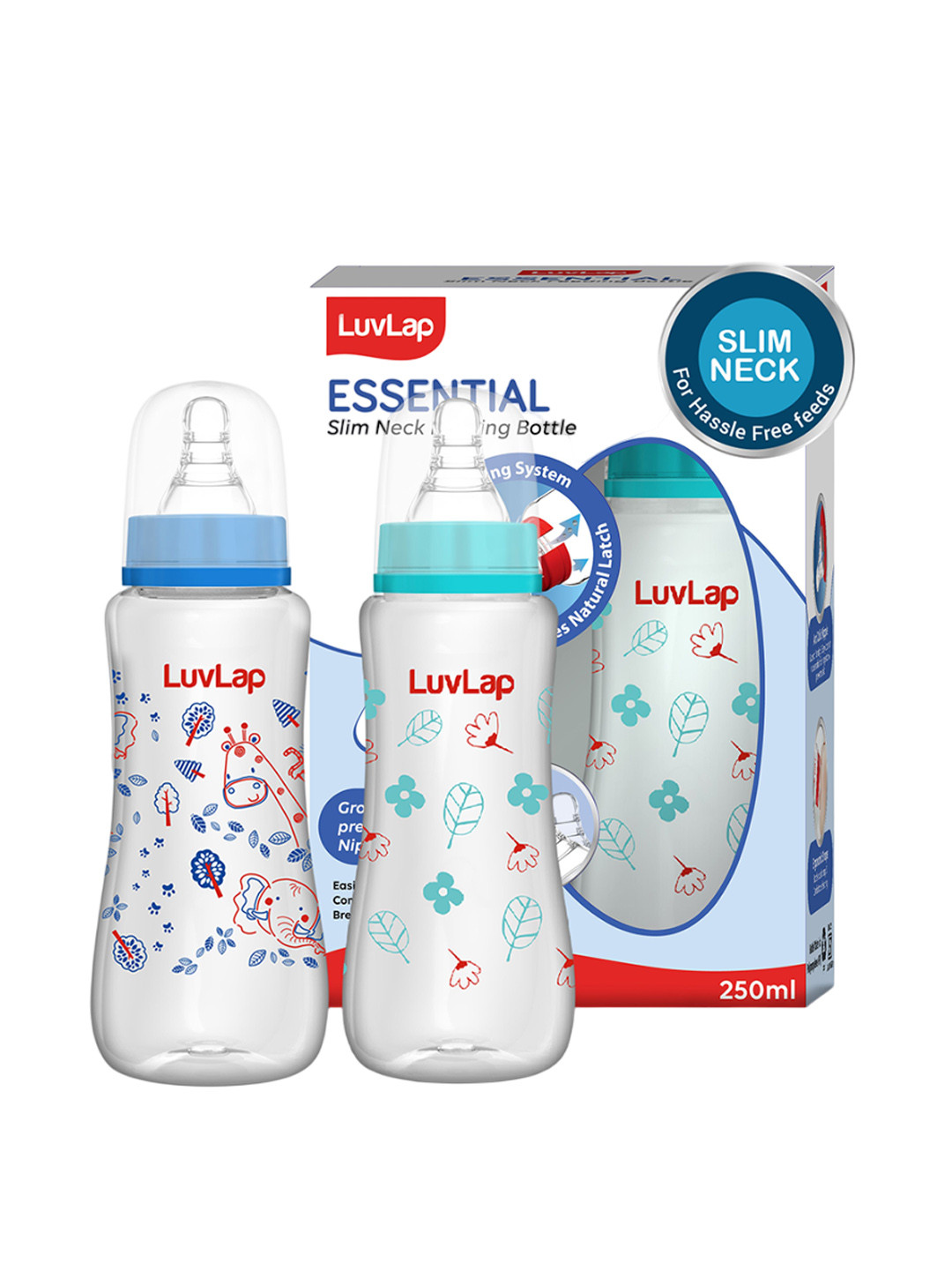 LuvLap Pack Of 2 Blue & Sea Green Printed Slim Neck Feeding Bottle 250ml