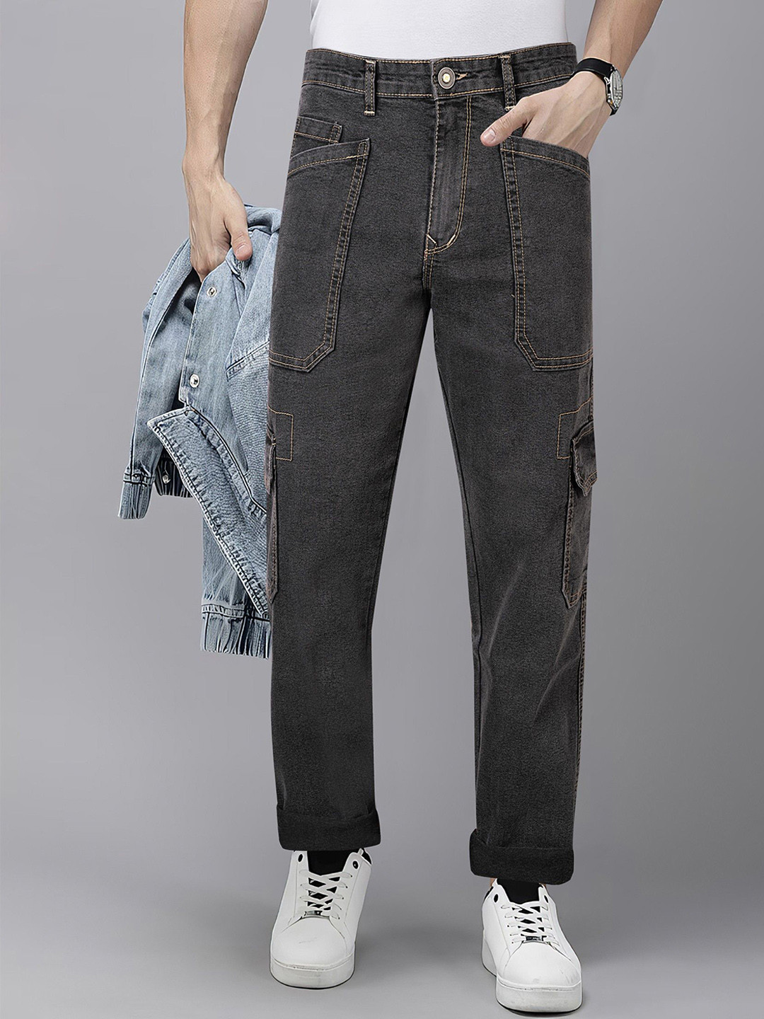 RIG BONE Men Relaxed Fit Mid-Rise Stretchable Cargo Styles Jeans