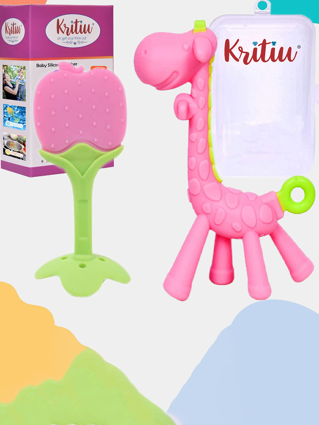 Kritiu Set Of 2 Textured Silicone Giraffe & Fruit Shaped Stand Teether