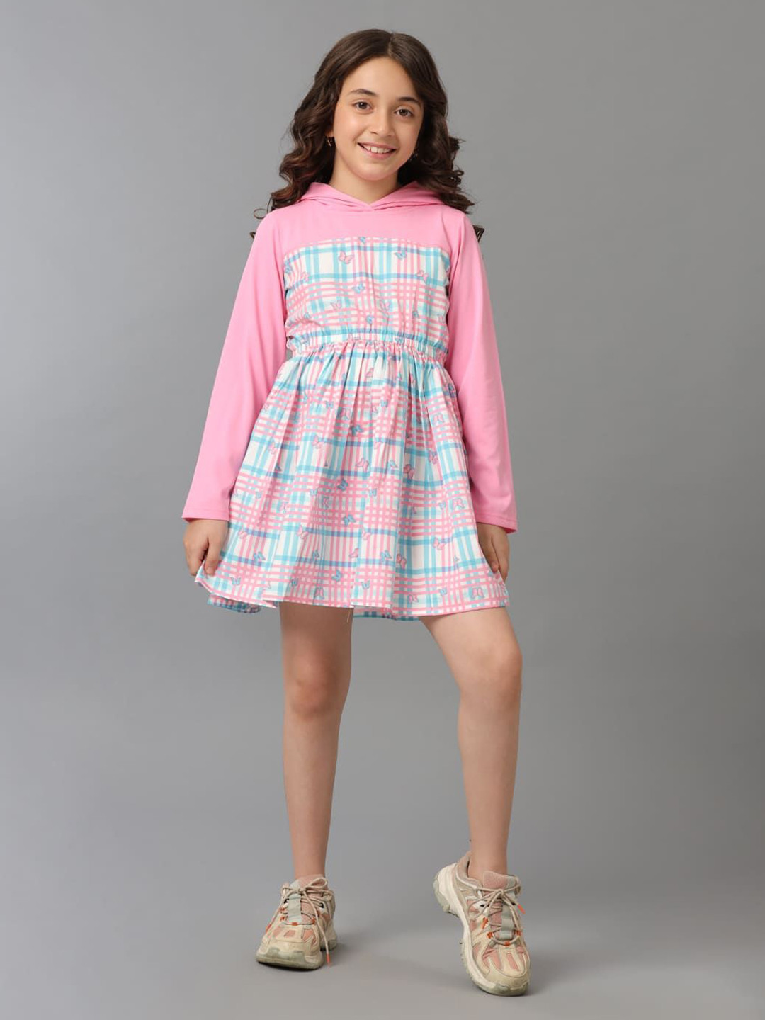 UNDER FOURTEEN ONLY Girls Checked Hooded Fit and Flare Dress