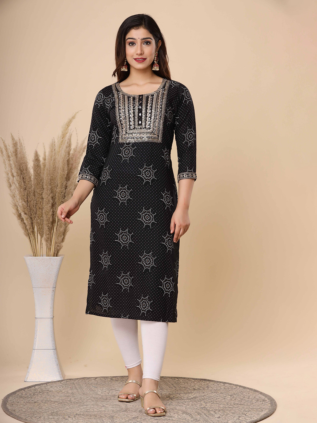 SIKRA Bandhani Printed Round Neck Sequinned Liva Straight Kurta