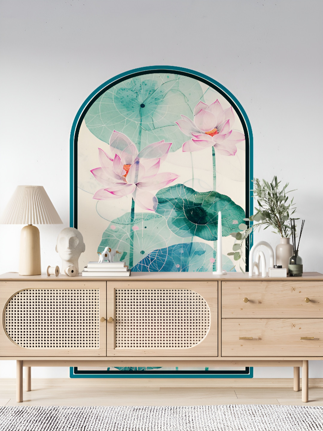 Myntra Elegant Homes Green & Pink Lotus Flower Printed Arched Decorative Wallpaper