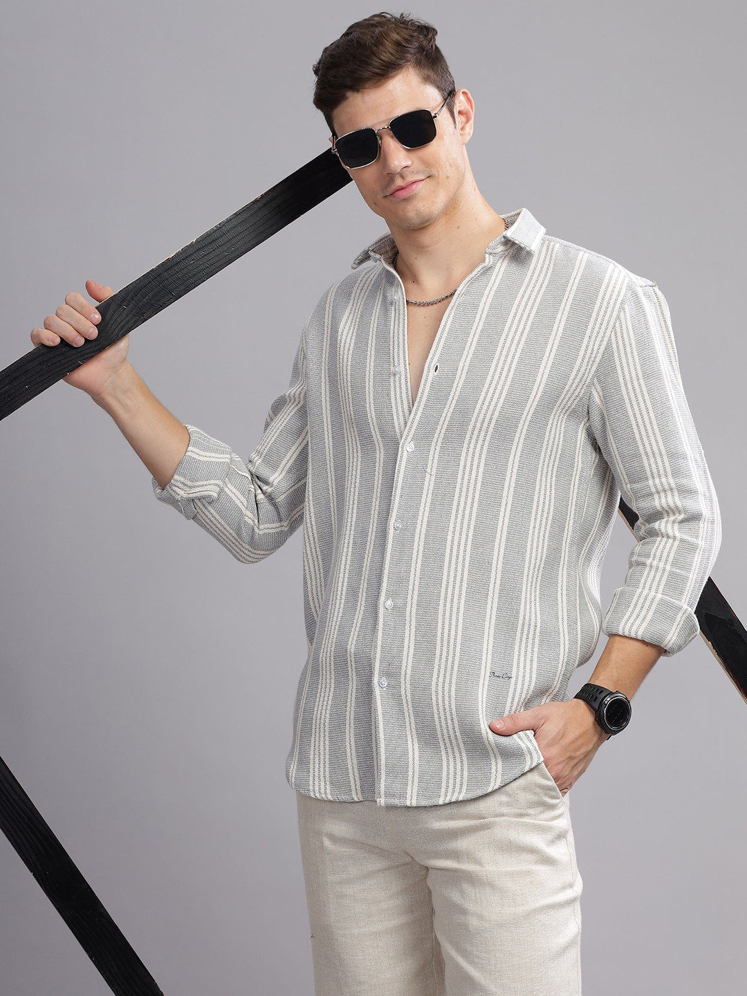THREE DAYS Men Comfort Fit Vertical Striped Spread Collar Cotton Casual Shirt