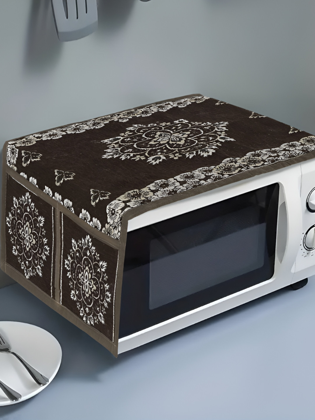 Dakshya Industries Dark-Brown & Beige Printed Microwave Oven Top Cover