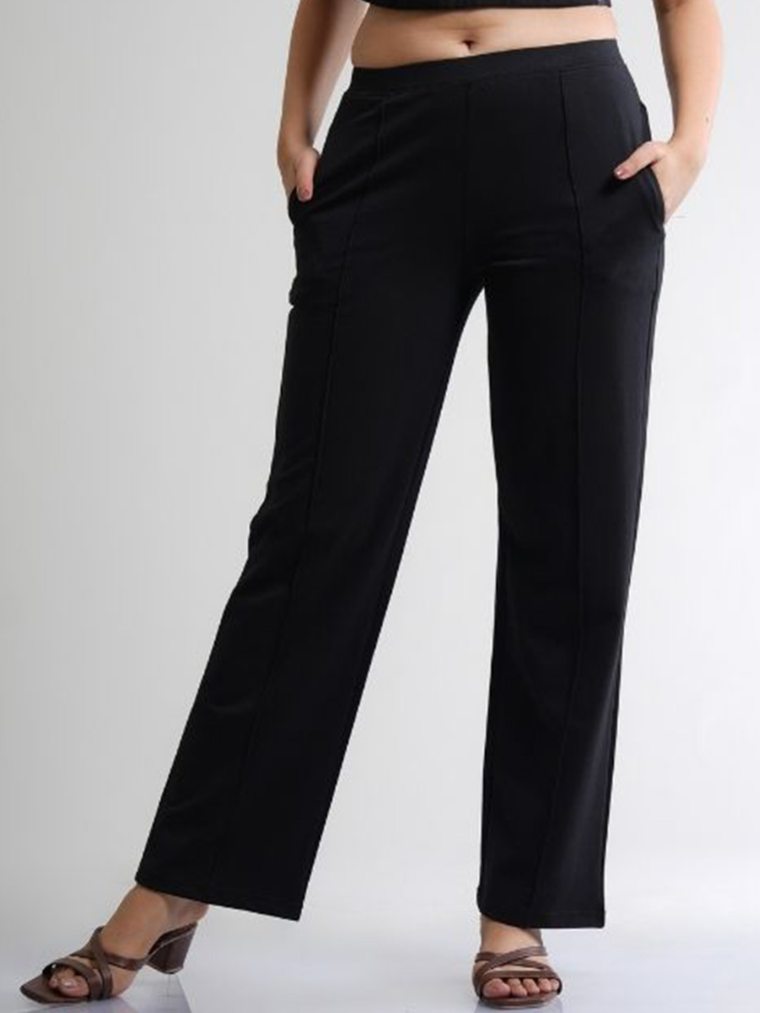 FLURR Women Tailored Flared Easy Wash Pleated CottonFormal Trousers