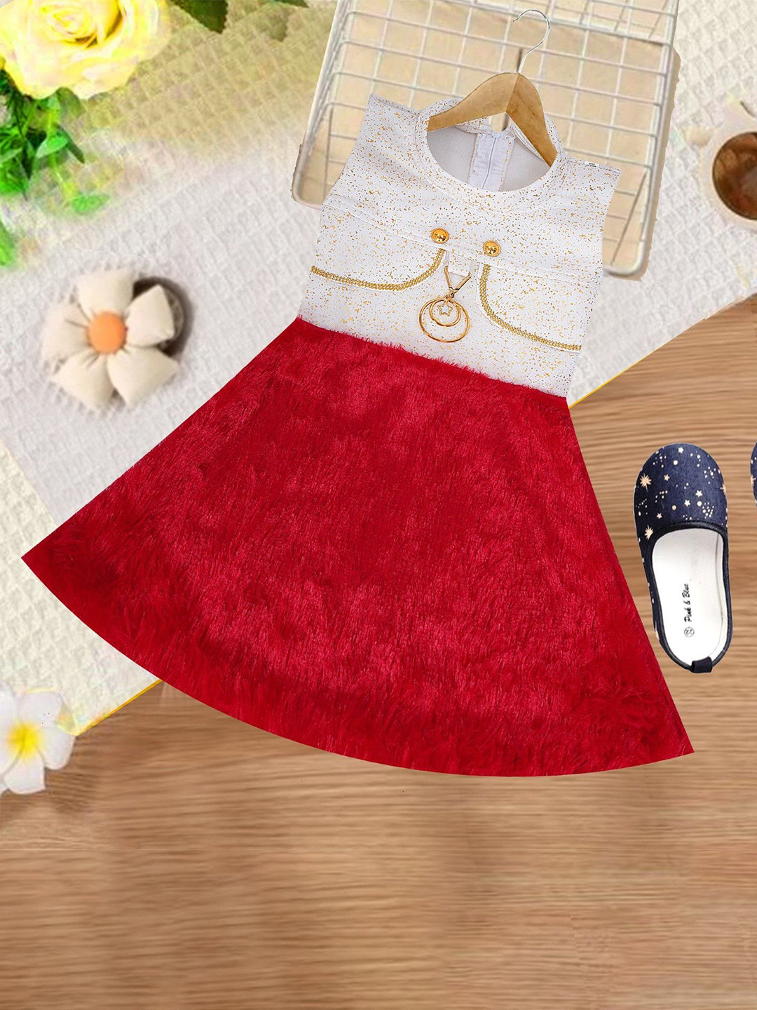 Netra Creation Girls Self Design Embellished Fit & Flare Midi Dress