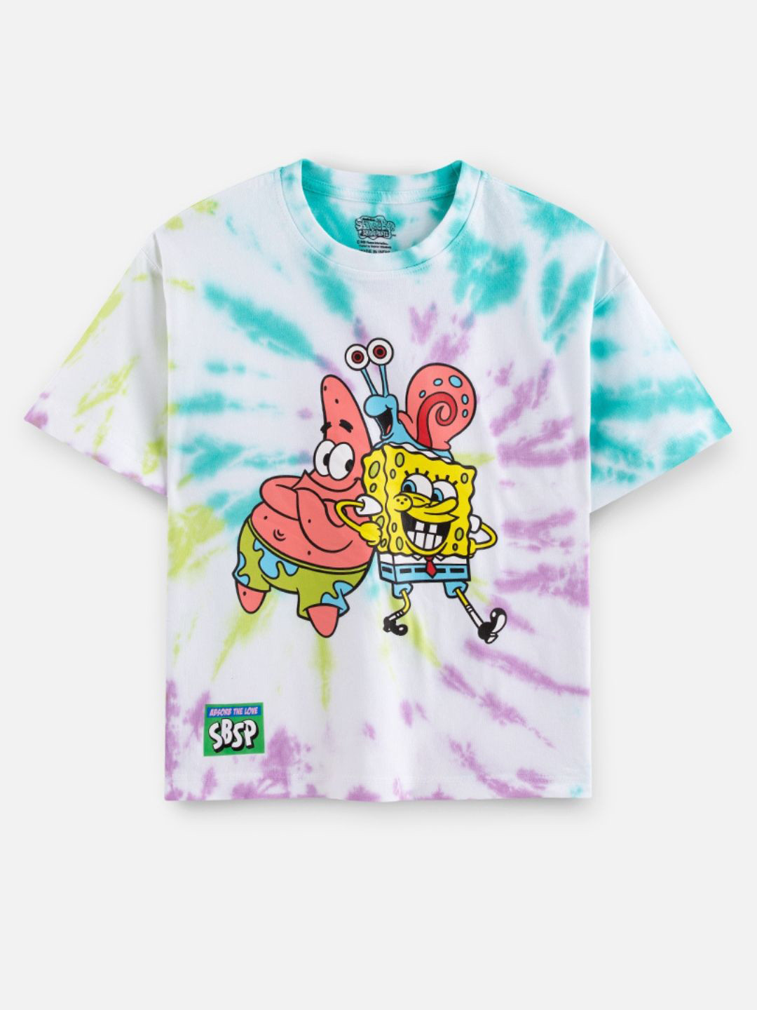 Nap Chief Kids Unisex Sponge Bob Printed Pure Cotton Oversized Fit Tie & Dye T-shirt