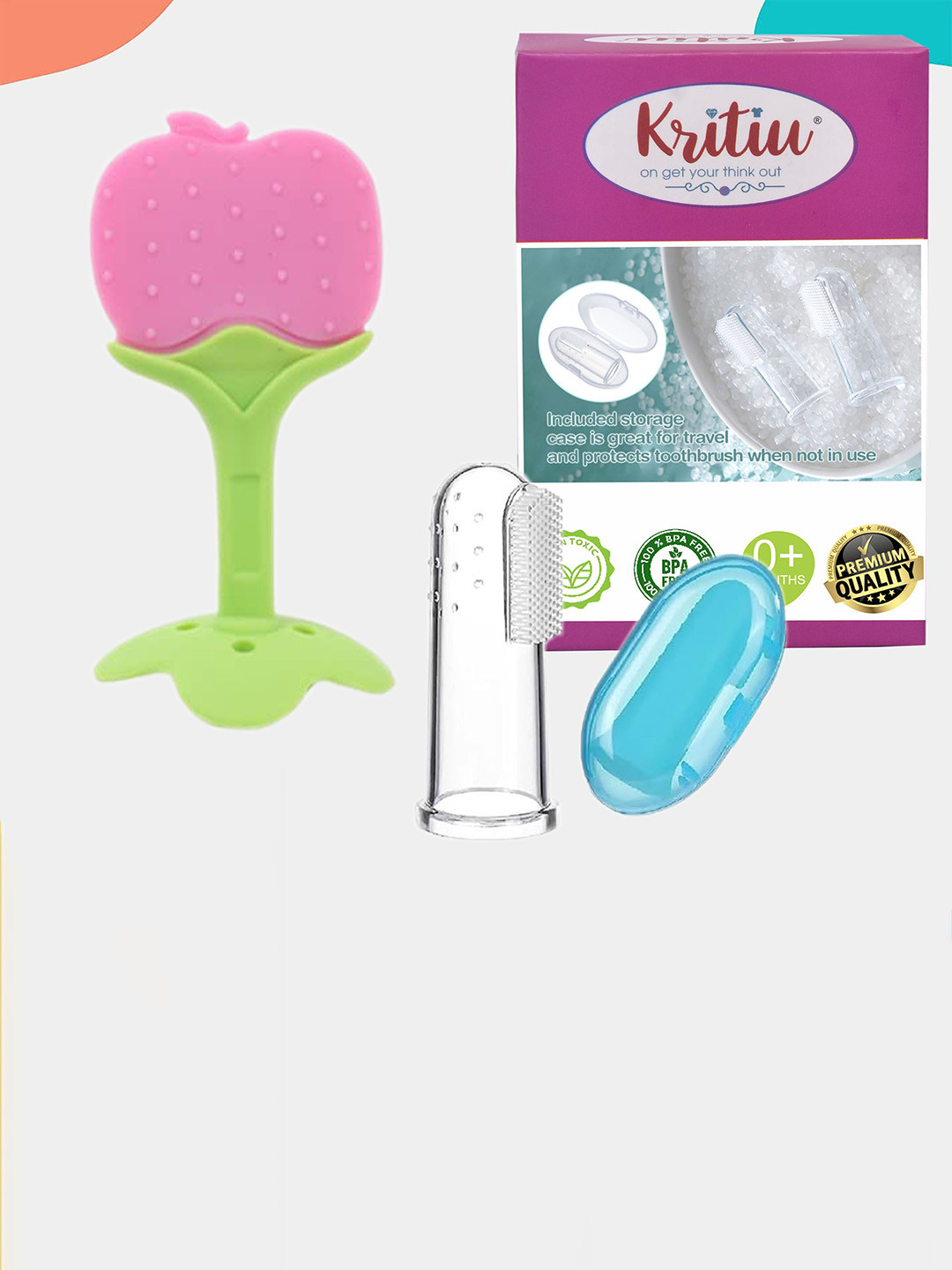 Kritiu Set Of 2 Textured Silicone Baby Finger Toothbrush & Stand Teether