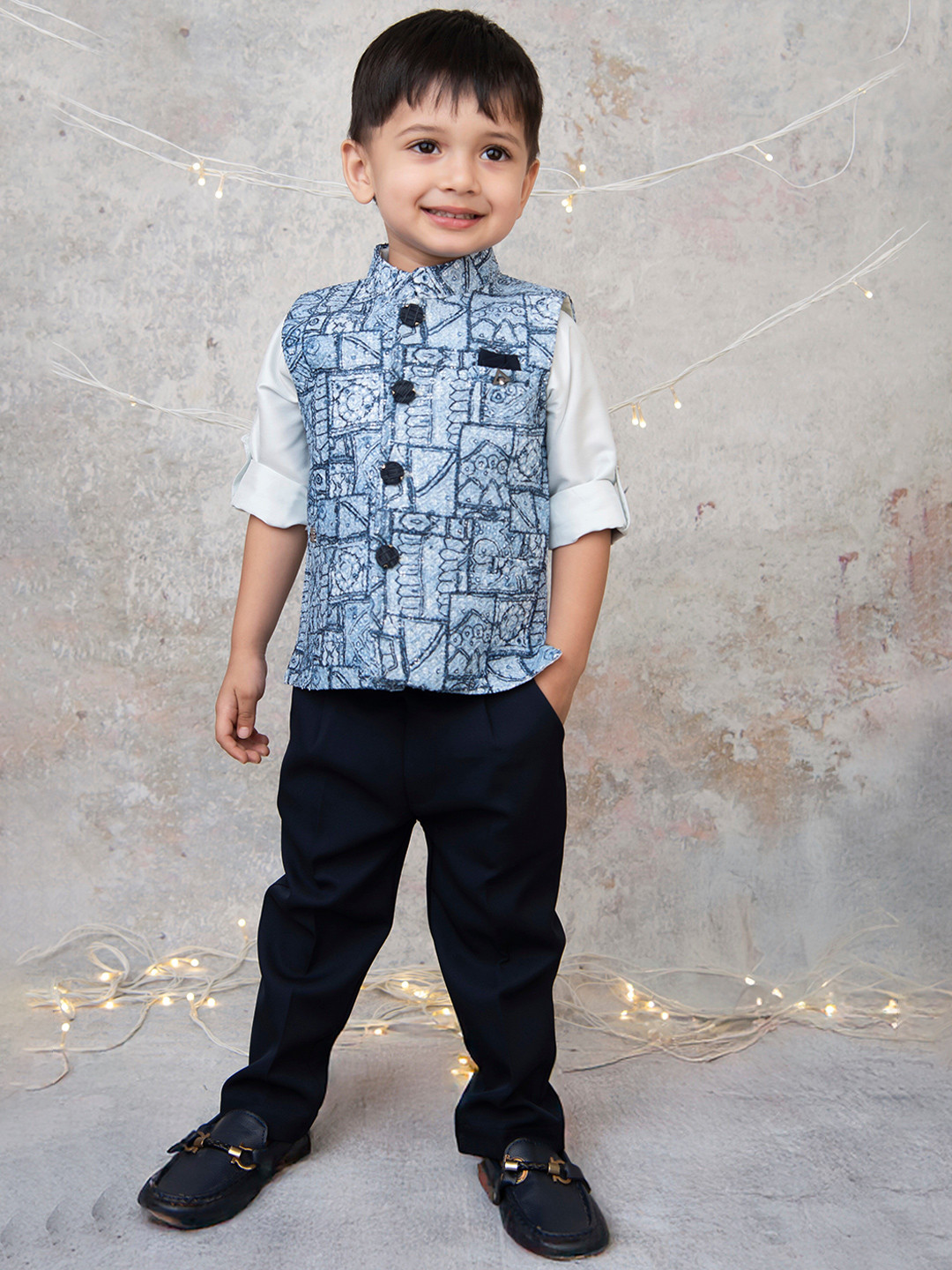 LITTLE COLLARS Boys Party 3-Piece Full Sleeves Shirt Pant & Printed Nehru Jacket