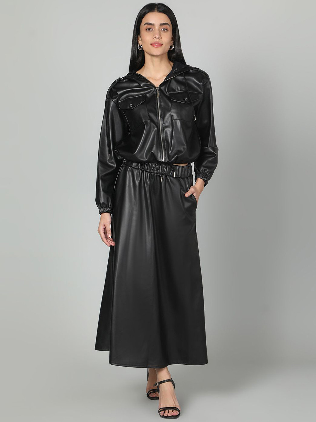 Fashion Gaiia Faux Leather Top & Skirt Co-Ord Set