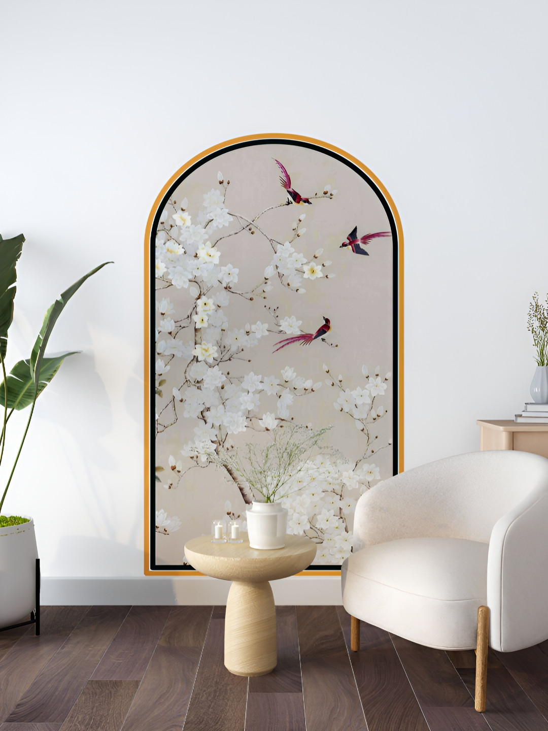 Myntra Elegant Homes Beige & White Printed Arched Design With Blossom & Birds Wall Sticker