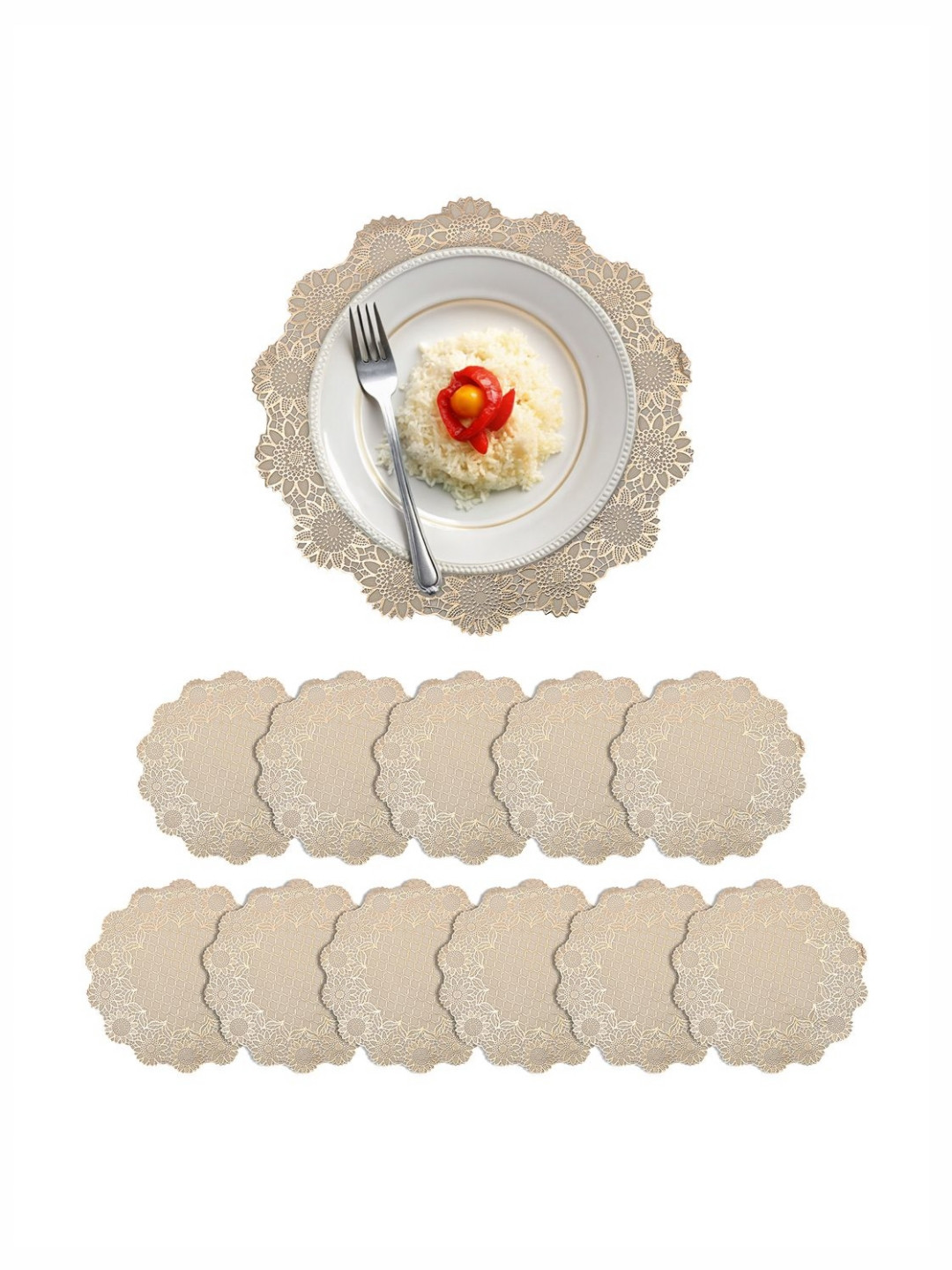Aura 12Pcs Beige Sunflower-Patterned Leather Round Table Placemats