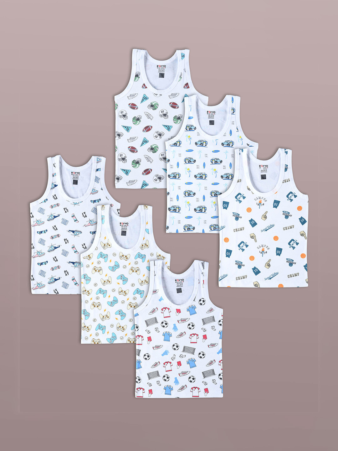 Revvo Junior Boys Pack Of 6 Self Design Printed Cotton Basic Vests RJV-102