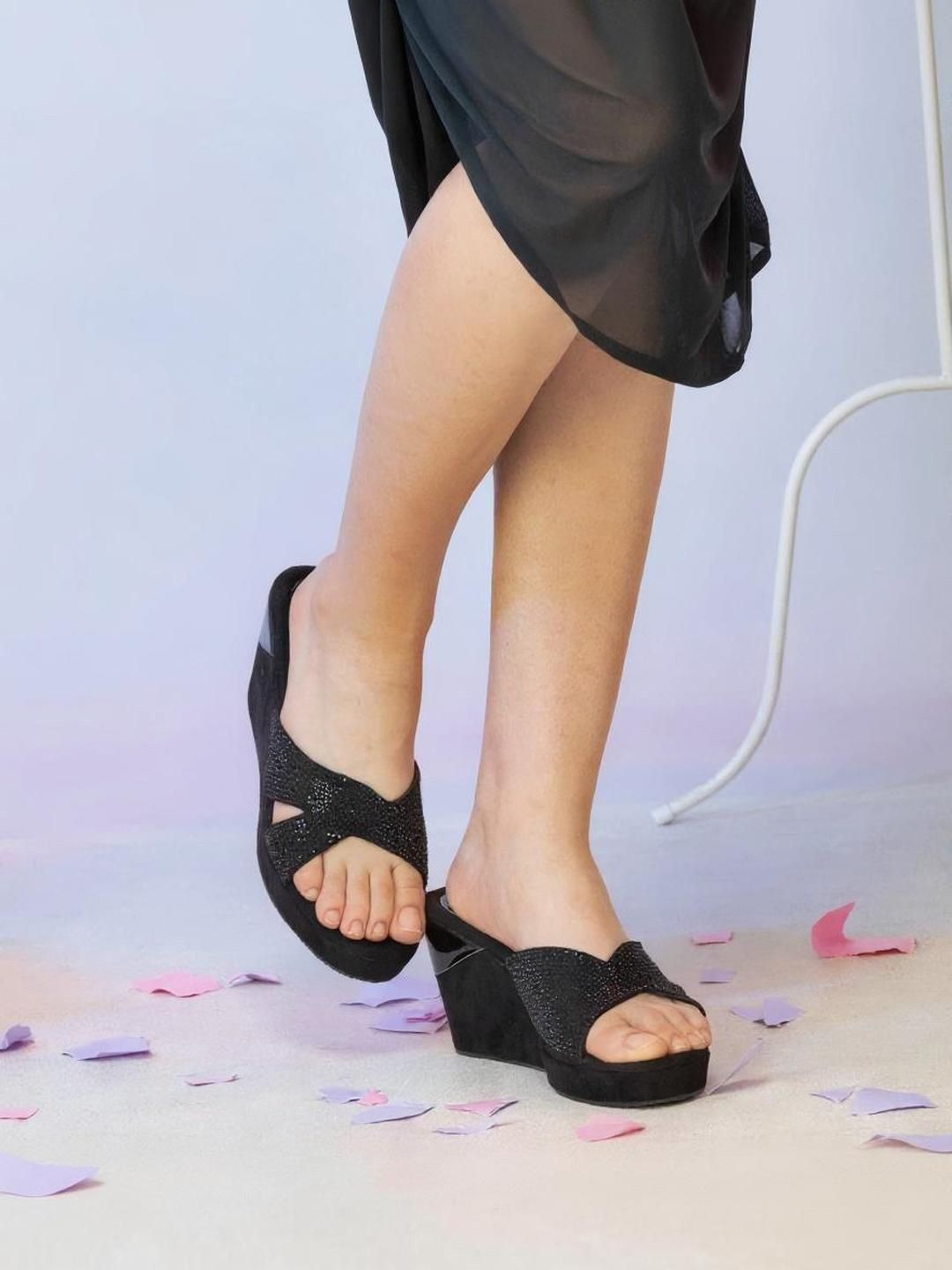 Kneetoes Women Sparkle Studs Black Wedge Sandals