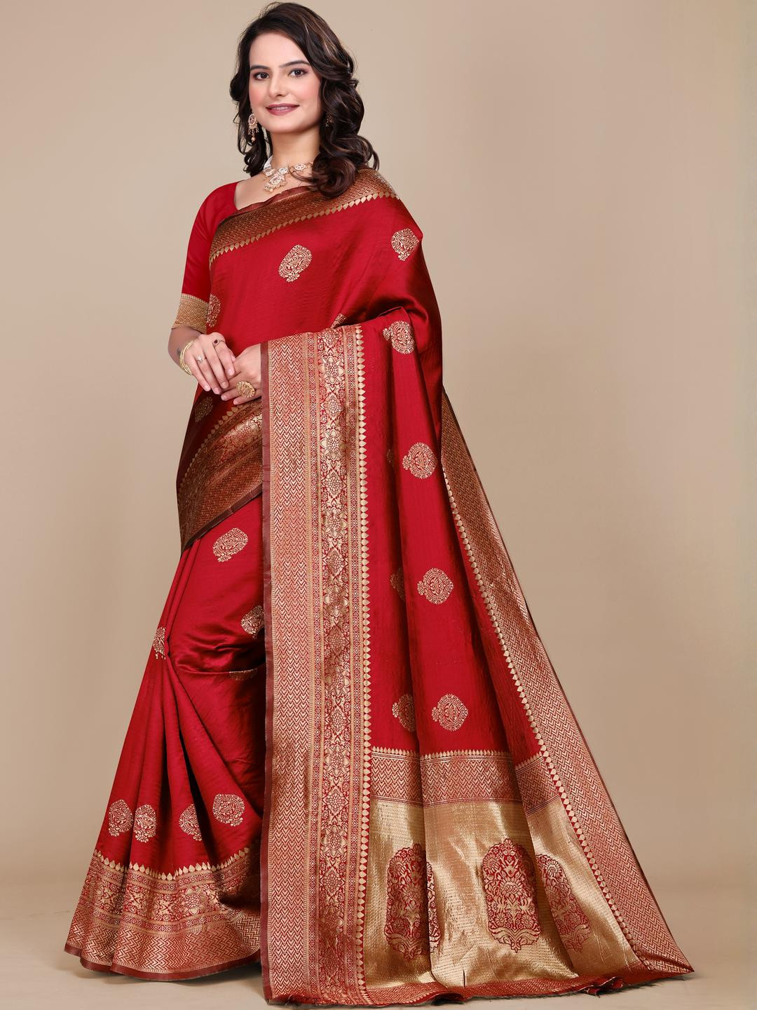 VS MALL Red Bollywood Jacquard Silk Premium Saree With Unstich Blouse Piece