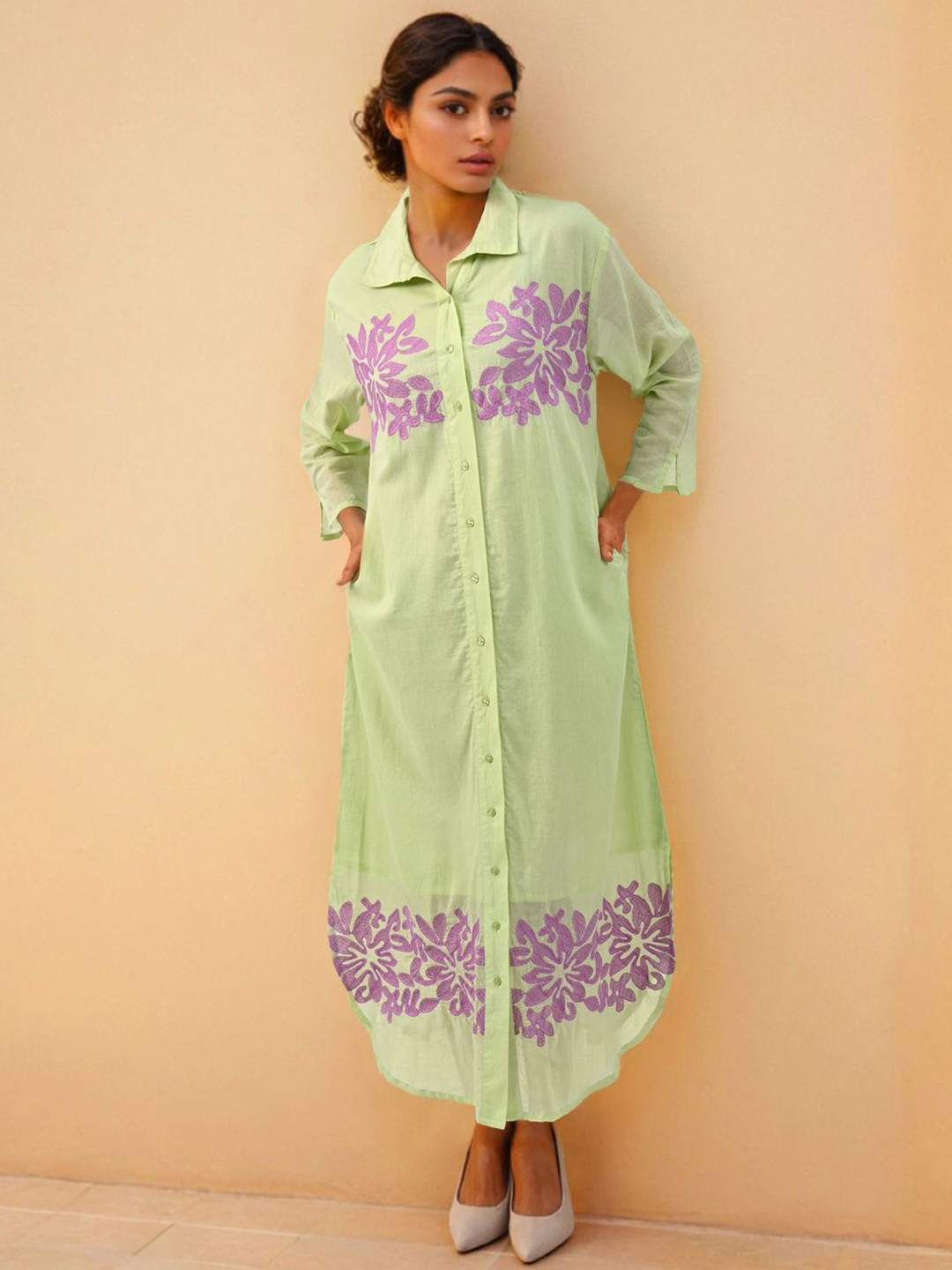 Zolo Label Women Pista Green Embroidered Shirt Dress