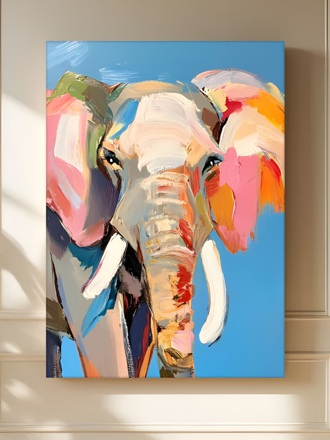 Myntra Elegant Homes Majestic Blue & Pink Portrait Elephant Printed Canvas Wall Art