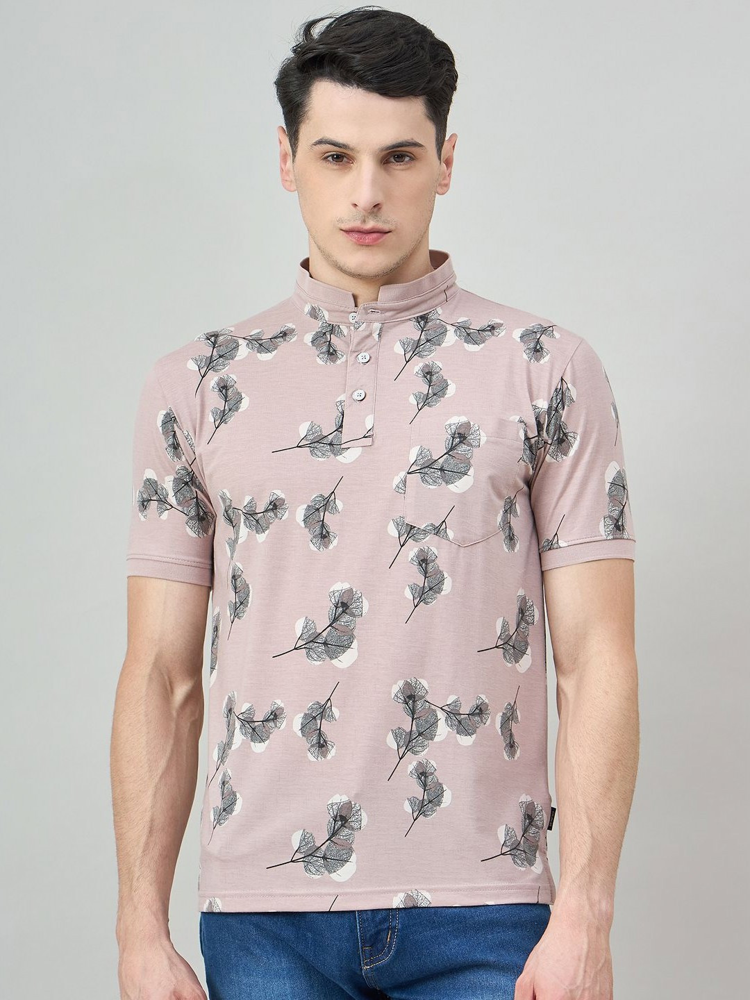 Duke Floral Printed Band Collar Slim Fit Cotton T-shirt