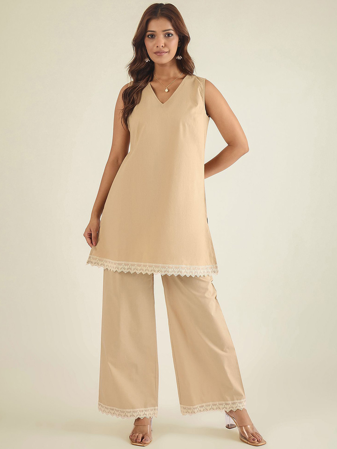 WineRed Lace Detailed Tunic & Trousers Co-Ord Set