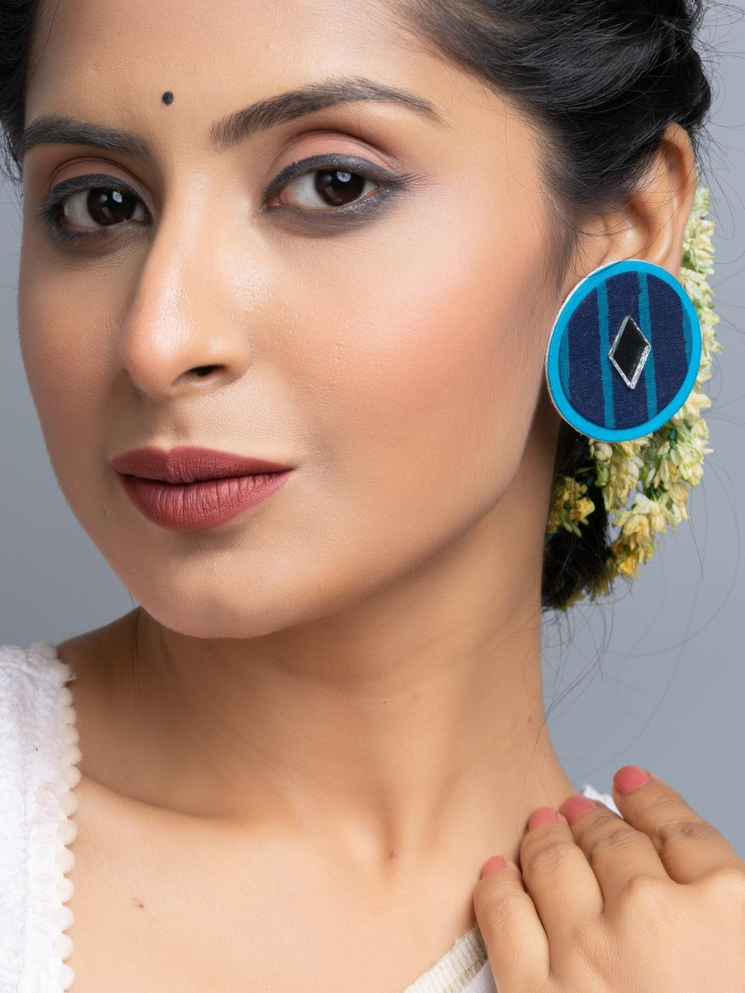 Look and Adorn Indigo Blue Fabric Mirror Stud Earrings