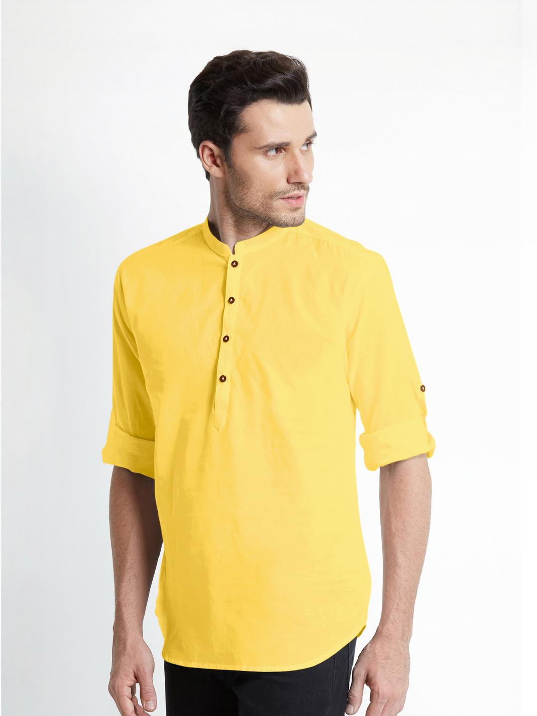 Fifth U Men Yellow Casual Cotton Blend Mandarin Collar And Long Sleeves Straight Kurta