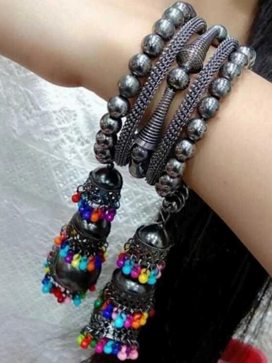 ZURIKRISHA Women Oxidised Silver-Plated Bangle-Style Adjustable Bracelet With Jhumki