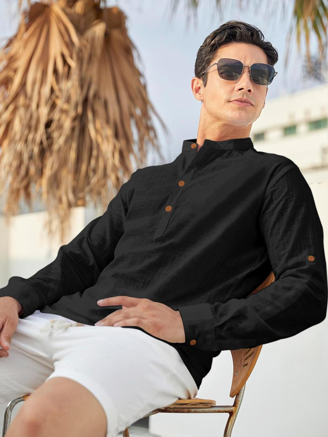 Fifth U Men's Black Solid Cotton Blend Straight Kurta