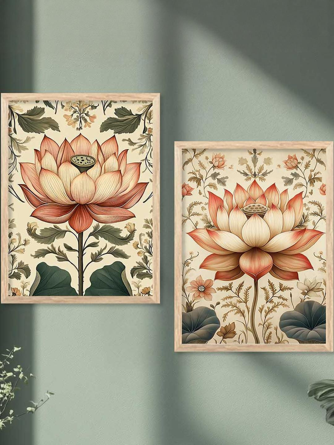 WALLLANE Cream & Pink Coloured 2 Piece Floral Wall Art Poster With Frame