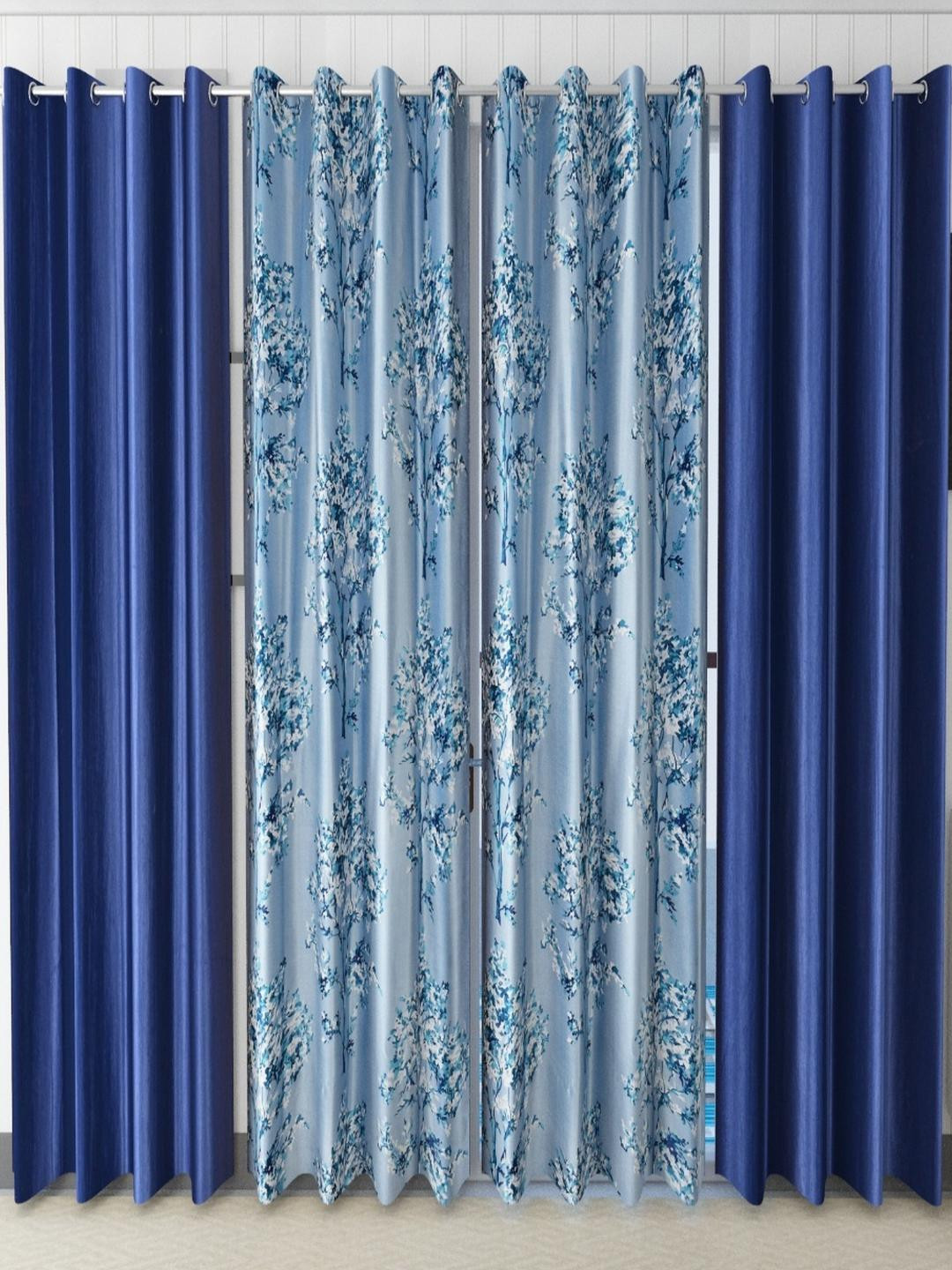 AADI TRADERS Navy Blue & Blue Set of 4 Polyester Floral Long Door Curtains