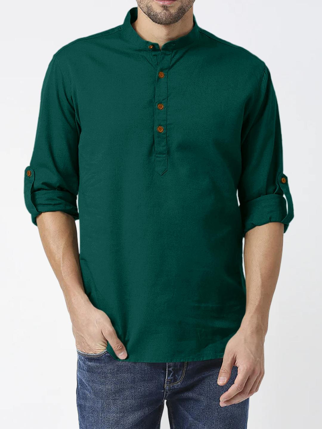 Fifth U Men Green Cotton Blend Casual Mandarin Collar And Long Sleeves Straight Kurta