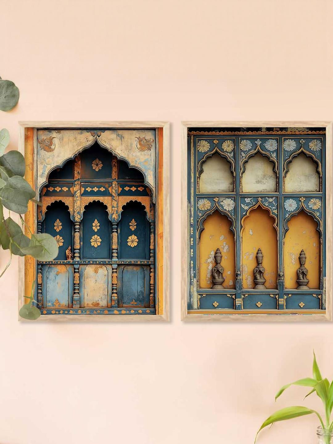 WALLLANE Navy Blue & Yellow 2 Pieces Wood Abstract Wall Paintings