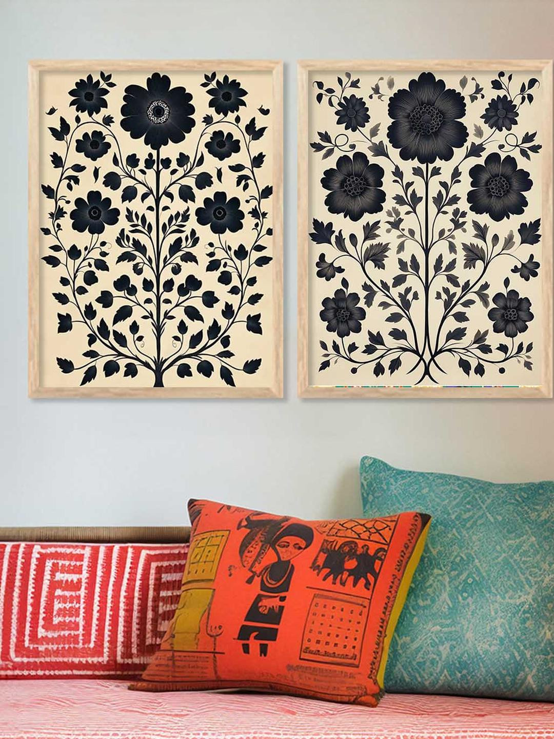 WALLLANE Cream And Black 2 Pc Wood Floral and Botanical Wall Paintings With Frame