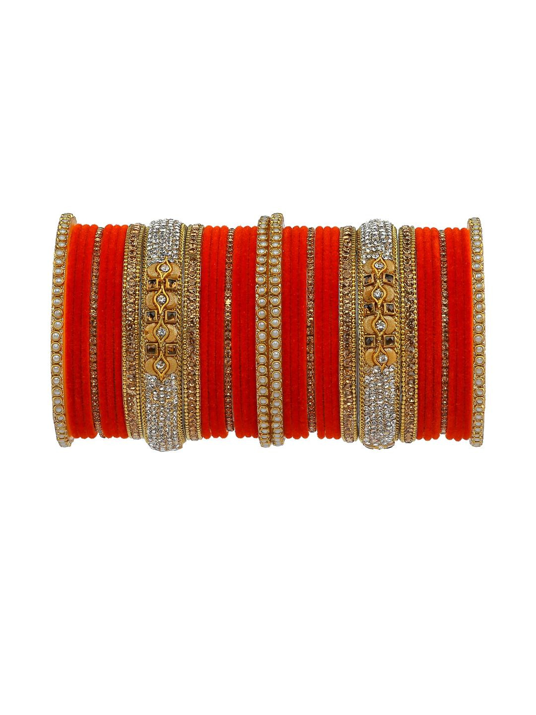 GLIKA Women Set Of 2 Orange Gold-Plated Zircon Gemstone Alloy Bangles