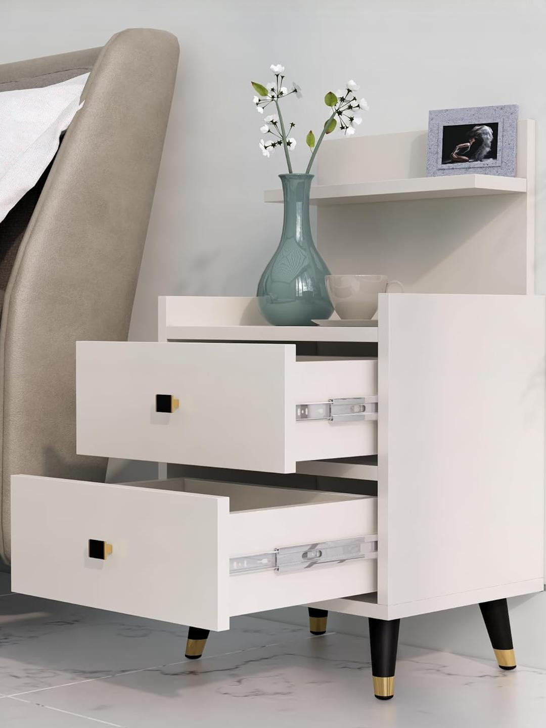 HEXA RED Unisex White Color Engineered Wood Open Storage Bedside Table for Home Use