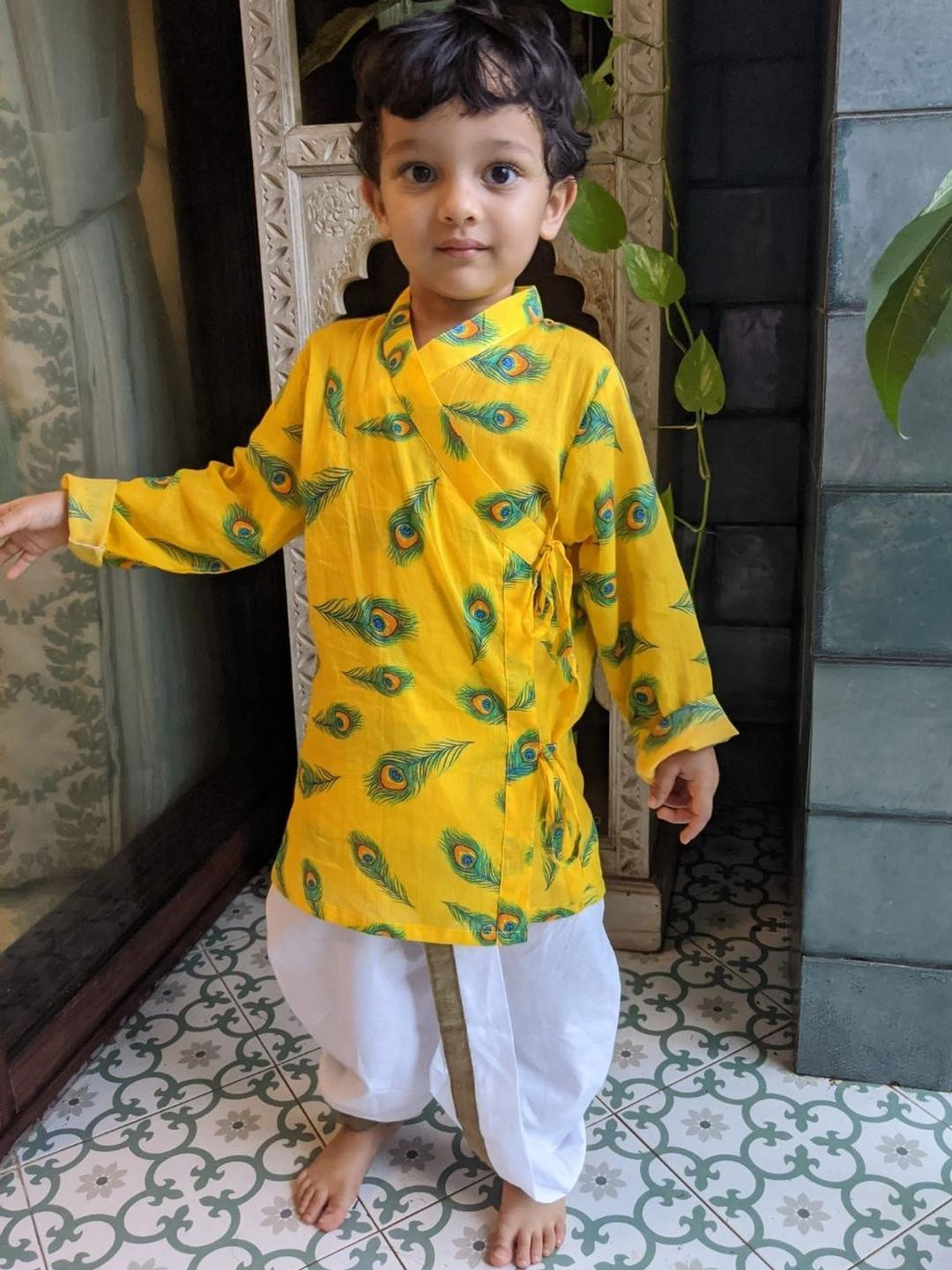 Tura Turi Boys 2 Pc Yellow Printed V-Neck Long Sleeves Ethnic Pure Cotton Kurta and Dhoti