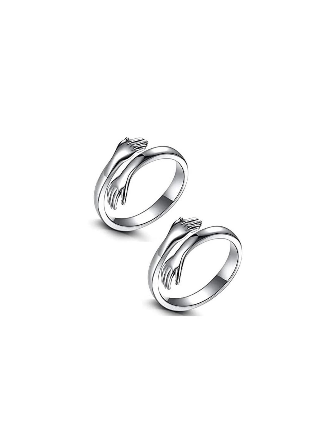 Inites Adjustable Silver Hug Finger Ring - Set Of 2