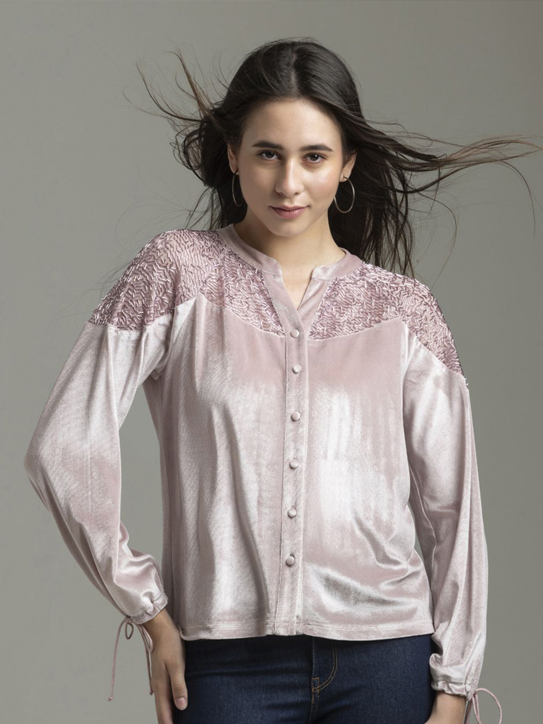SHAYE Relaxed Mandarin Collar Lace Inserts Relaxed Fit Velvet Party Shirt