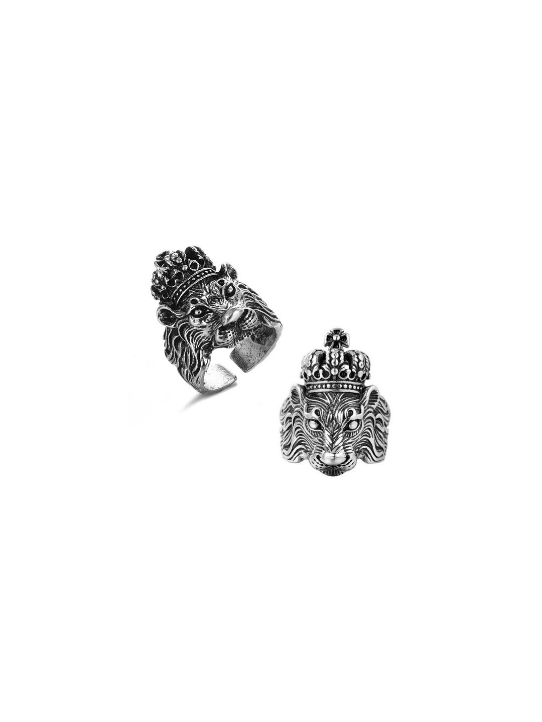 Inites Set Of 2 Silver Plated Crown King Lion Shaped Thumb Finger Ring