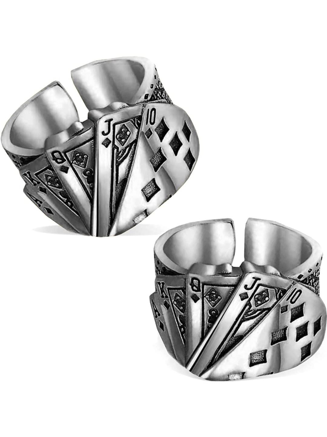 Inites Adults Set Of 2 Silver Plated Adjustable Playing Cards Design Thumb Finger Rings