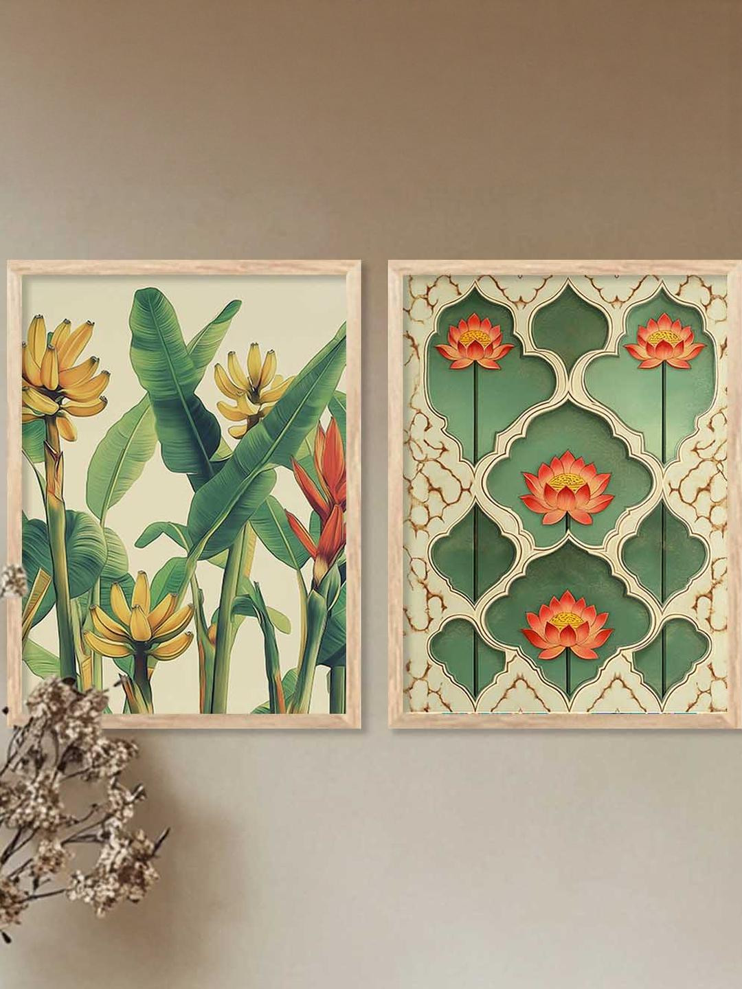 WALLLANE Brown 2-Piece Wooden Floral and Botanical Wall Paintings with Frames