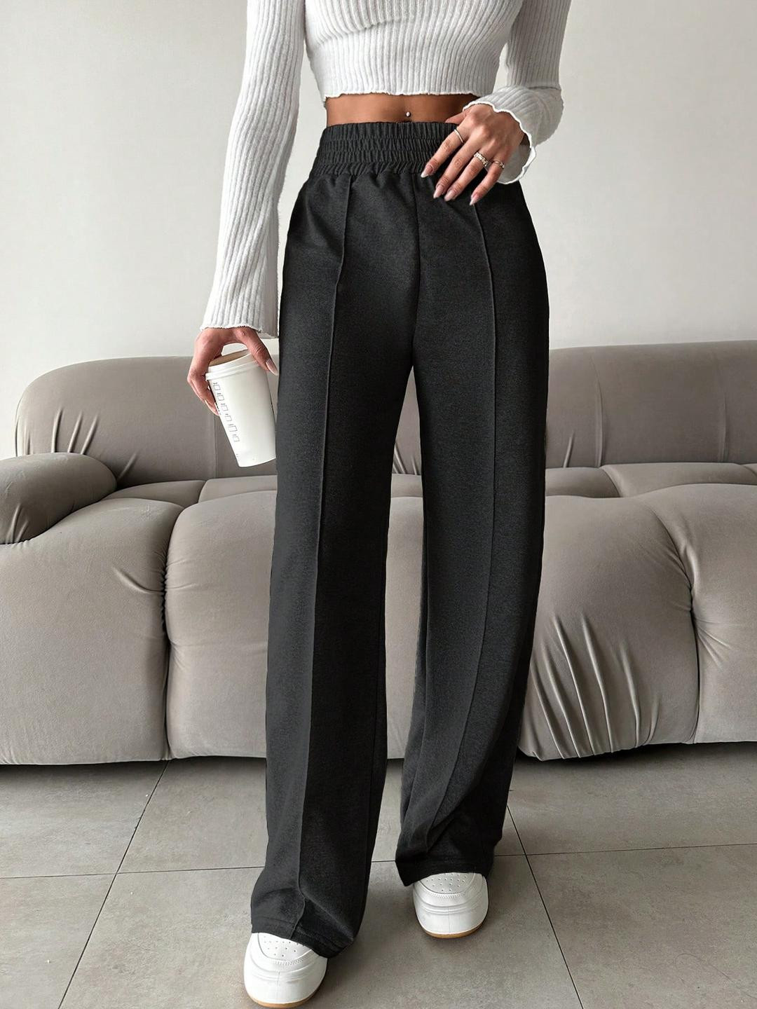 Imsa Moda Women Black Cotton Panelled Front Line Baggy Fit Track Pants