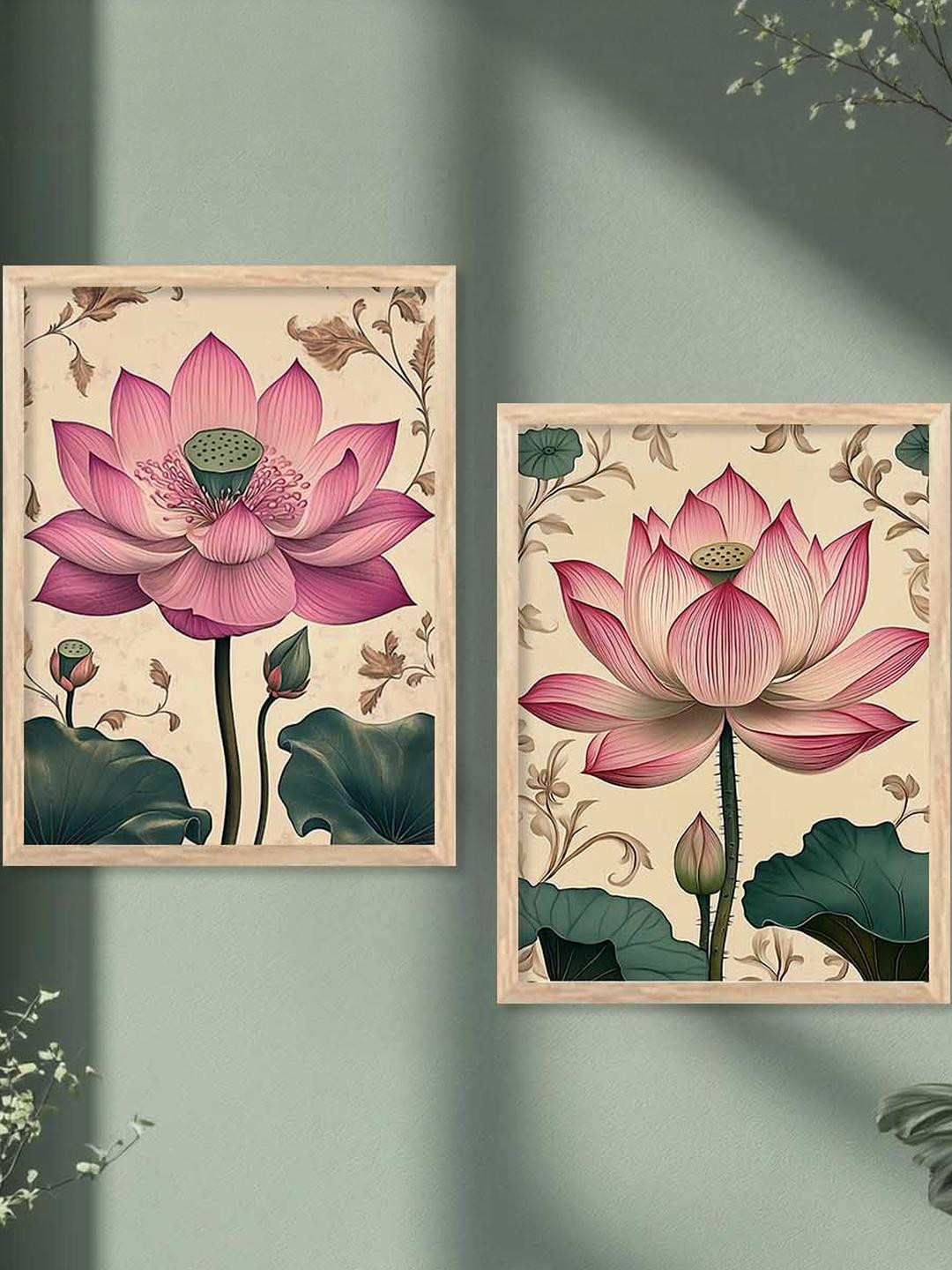 WALLLANE Brown & Pink 2 Piece Wood Floral Wall Art Poster With Frame Wall Paintings