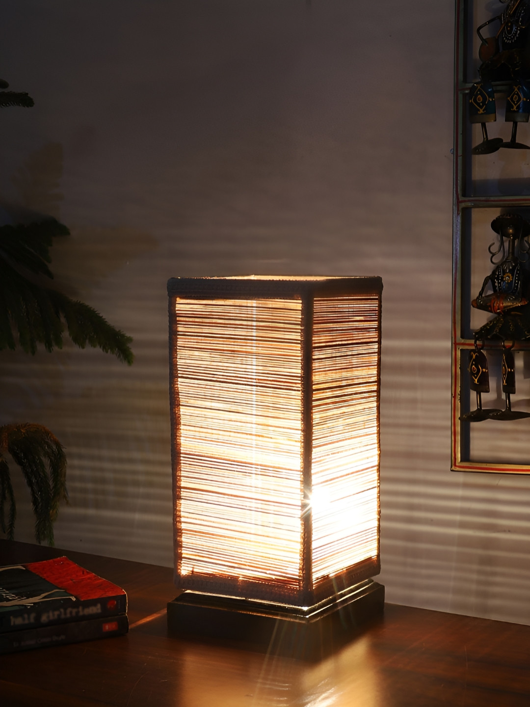 Aura Beige & Off White Textured Wooden Rectangle Abstract Shaped Table Lamp