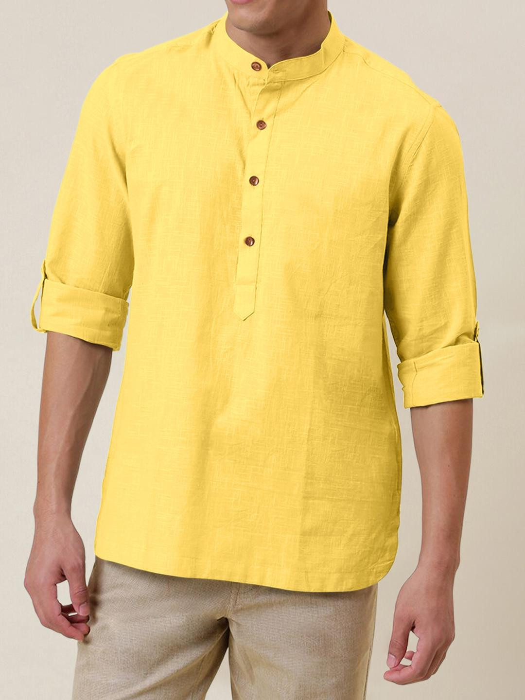Fifth U Men's Yellow Solid Cotton Blend Straight Kurta