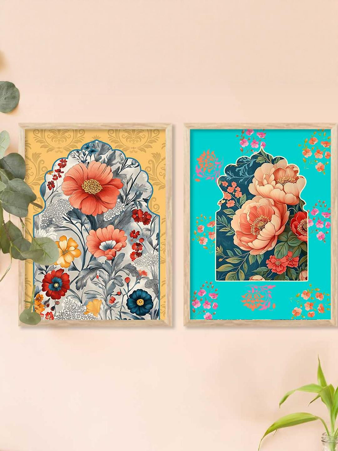 WALLLANE Brown 2 Pc  Wood Floral and Botanical Wall Paintings With Frame For Home Dcor