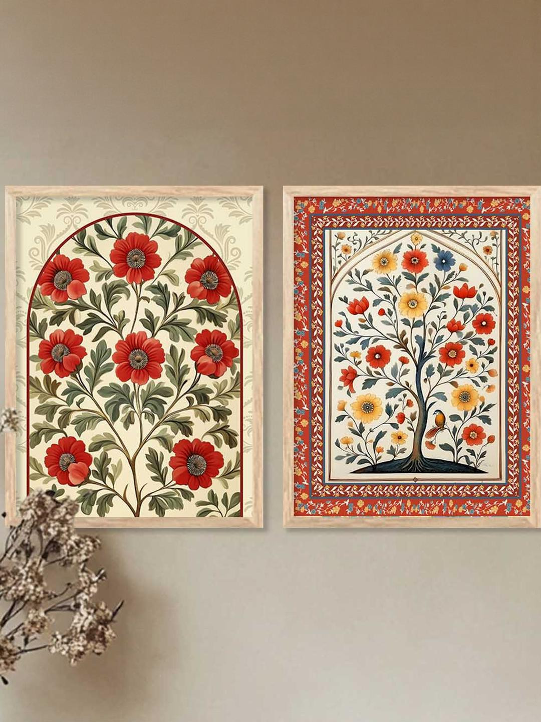 WALLLANE Unisex 2 Pc Brown Wood Framed Floral and Botanical Wall Paintings For Home Dcor