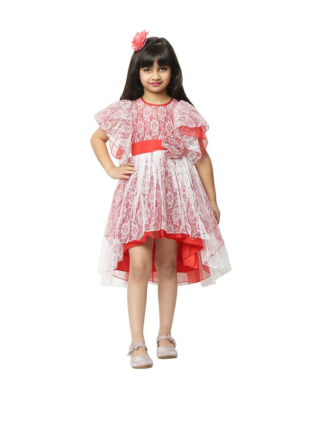 Shahina Fashion Girls Self Design Flared Sleeves High-Low Hem Fit and Flare Dresses